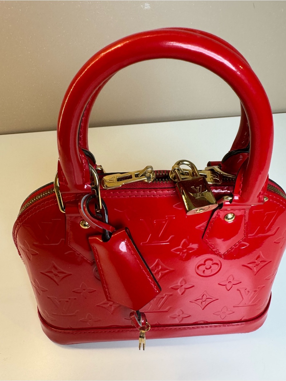 Louis Vuitton Red Patent Alma Satchel with Gold Hardware - Picture 5 of 10